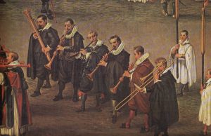 „Musica alta“ mit Dulzian, Zink, Schalmeien und Posaune, Detail aus „Procession en l’honneur de Notre-Dame du Sablon a Bruxelles le 31 mai“, Denis van Alsloot, 1615/1616.