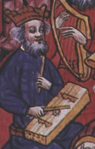 Musiker mit Schwegel und Tambourin de Bearn, Detail aus dem Manuskript „Cum superius sufficienter pro iuvenum“, 1448.