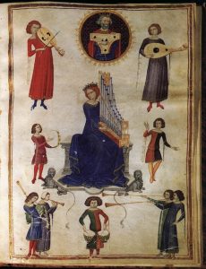„König David, Frau Musica und Musiker”, aus der Handschrift: M. Severinus Boethius, De Musica, 1350.