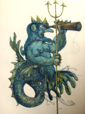 WASSERMANN - Federzeichnung von Karlheinz Pilcz, 1982. Veröffentlicht in "Sagen, Märchen, Schwänke und Geschichten aus Mödling und Umgebung. 1. Bändchen", 1983 im Eigenverlag. - Editiert auch als Offsetlithographie, 1983, 31,2 mal 20,3 cm, Auflage 50 Stück (vergriffen).