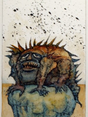 DER MOSTWURM : Federzeichung von Karlheinz Pilcz, 1978; veröffentlicht als Illustration zu der Sage "Der Mostwurm" in "Sagen, Märchen, Schwänke und Geschichten aus Mödling und Umgebung. 2. Bändchen", 1984 im Eigenverlag