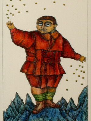 VON DEN HUNDERT KREUZERN : Federzeichung von Karlheinz Pilcz, 1985; veröffentlicht als Illustration zu der Sage "Von den hundert Kreuzern" in "Sagen, Märchen, Schwänke und Geschichten aus Mödling und Umgebung. 3..Bändchen", 1985 im Eigenverlag.