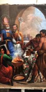 Fahne der Fleischhauer aus dem Jahr (1782?) 1858 - Detail der Vorderseite mit Nikolaus von Myra Fleischhauerfahne