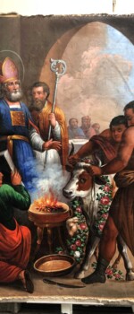 Fahne der Fleischhauer aus dem Jahr (1782?) 1858 - Detail der Vorderseite mit Nikolaus von Myra Fleischhauerfahne